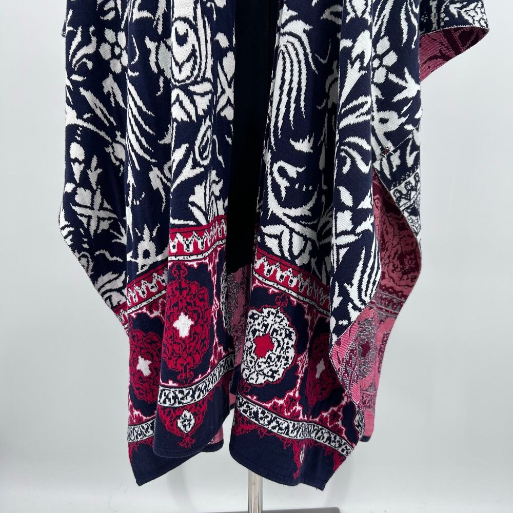Chicos Silk Cotton Ruana Wrap OS Navy Red Floral Boho Poncho Cape Jacquard - Picture 5 of 11
